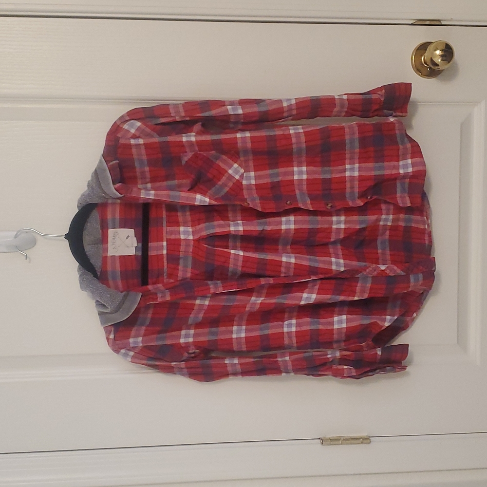 Long sleeve red plaid hooded shirt